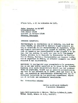 Carta de Carlos González Gartland para el Director de Ko´eyú, Joel Atilio Cazal