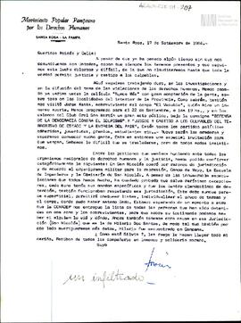 Carta del Movimiento Popular Pampeano por los Derechos Humanos para Celia Kinkis de Korsunsky y M...