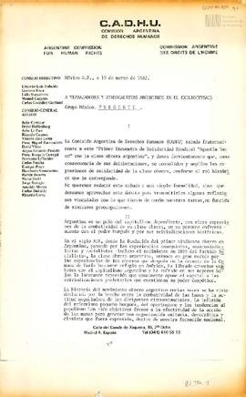Carta de Carlos González Gartland para Trabajadores y Sindicalistas Argentinos en el Exilio (TYSAE)