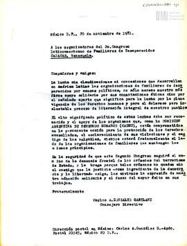 Carta de Carlos González Gartland para los organizadores del II Congreso Latinoamericano de Famil...