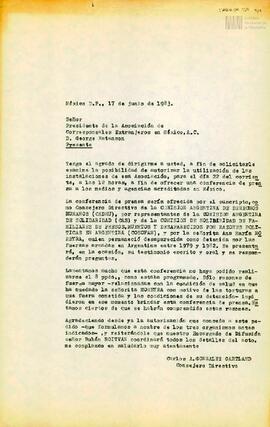 Carta de Carlos González Gartland para el Presidente de la Asociación de Corresponsales Extrajero...