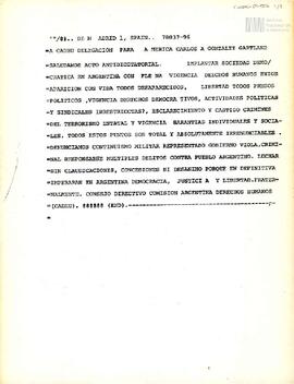 Cable de la Comisión Argentina de Derechos Humanos (CADHU) para Carlos González Gartland