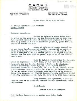 Carta de Carlos González Gartland para la Comisión Argentina de Derechos Humanos (CADHU)