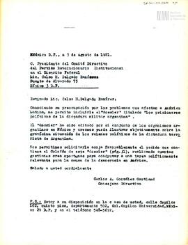 Carta de Carlos González Gartland para el Presidente del Comité Directico del Partido Revoluciona...