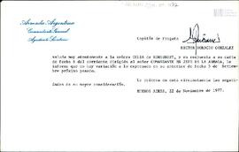 Carta del Ayudante Secretario del Comandante en Jefe de la Armada Argentina a Celia Jinkis de Kor...