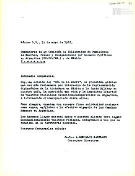 Carta de Carlos González Gartland para la Comisión de Solidaridad de Familiares de Muertos, Preso...
