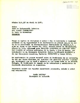 Carta de Rubén Roitvan para el Jefe de Información Interino del diario Excélsior, Luis de Cervantes