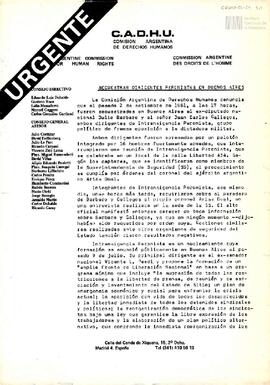 Comunicado de prensa "Urgente" de la Comisión Argentina de Derechos Humanos (CADHU)