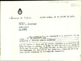 Copia de nota del Ministerio de Defensa a Celia Jinkis de Korsunsky