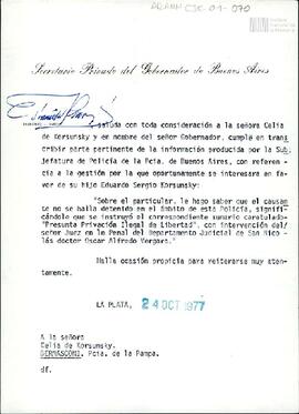 Carta del Gobierno de la Provincia de Buenos Aires a Celia Jinkis de Korsunsky