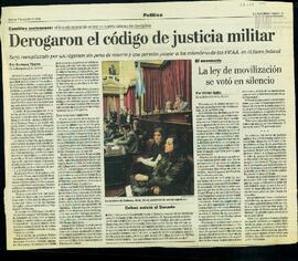 Artículo "Derogaron el código de justicia militar:
Será reemplazado por un régimen sin pena ...