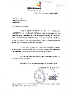 Invitación a la familia de Eduardo Sergio Korsunsky a un acto homenaje