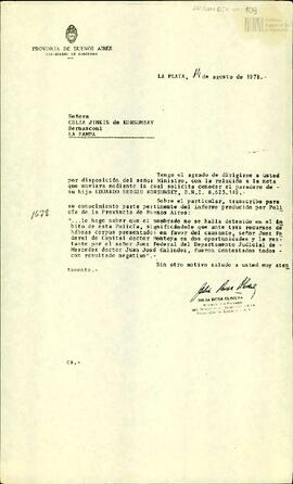 Fotocopia de carta del Ministerio de Gobierno de la Provincia de Buenos Aires a Celia Jinkis de K...
