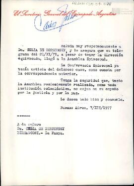 Carta de Monseñor Carlos Galán a Celia Jinkis de Korsunsky