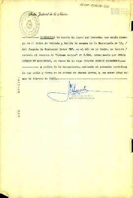 Certificado judicial sobre presentación de habeas corpus de Eduardo Sergio Korsunsky