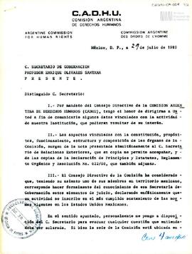Carta de Carlos González Gartland para el Secretario de Gobernación, Enrique Olivares Santana