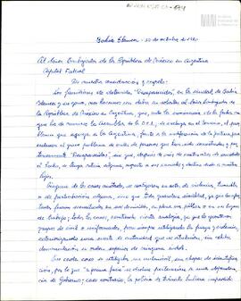 Carta de Celia Jinkis de Korsunsky al Embajador de la República de México en Argentina