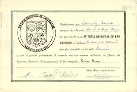 Certificado de la IV Cuarta Feria Regional de las Ciencias