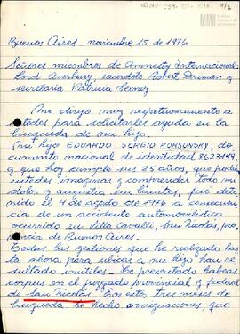 Carta de Celia Jinkis de Korsunsky a Amnistía Internacional