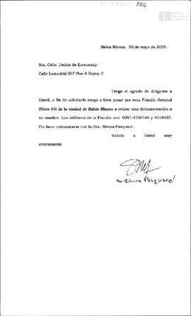 Carta de la Fiscalía General de Bahía Blanca para Celia Jinkis de Korsunsky