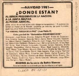 Solicitada de Madres de la zona de Bahía Blanca en ocasión de navidad
