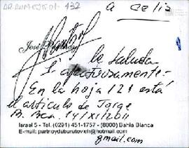 Tarjeta de José Partnoy a Celia Jinkis de Korsunsky