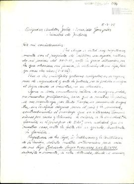 Fotocopia de carta de Celia Jinkis de Korsunsky al Brigadier auditor Julio Armando González