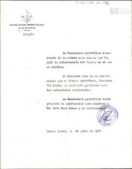 Carta de la Nunciatura Apostólica de Buenos Aires a Celia Jinkis de Korsunsky