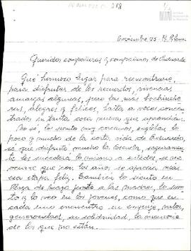 Carta de Celia Jinkis de Korsunsky y Moisés Korsunsky para compañeros y compañeras de su hijo Edu...