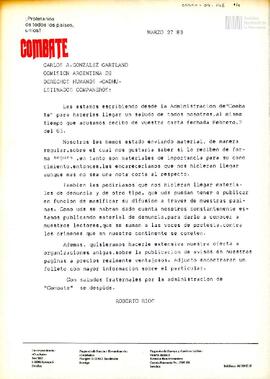 Carta de Roberto Ríos para Carlos González Gartland