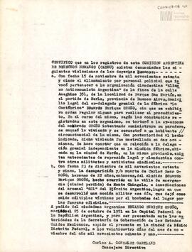 Certificado de la Comisión Argentina de Derechos Humanos sobre denuncias de violaciones a los der...