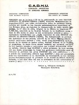 Certificado de la Comisión Argentina de Derechos Humanos sobre Pablo Andrés Dubcovsky