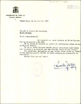 Carta del Arzobispado de Santa Fe a Celia Jinkis de Korsunsky