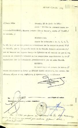 Copia de rechazo de recurso de habeas corpus sobre Eduardo Korsunsky