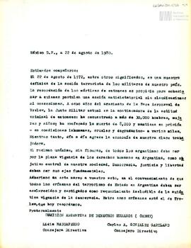 Carta de la Comisión Argentina de Derechos Humanos (CADHU) a sus compañeros