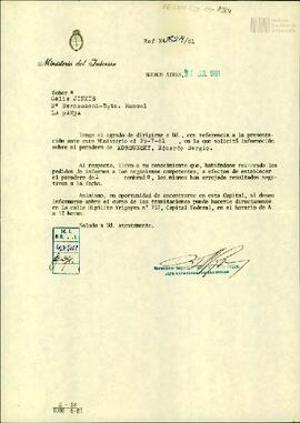 Carta del Departamento de Seguridad del Ministerio del Interior a Celia Jinkis de Korsunsky