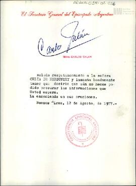 Carta de la Conferencia Episcopal Argentina Galán a Celia Jinkis de Korsunsky