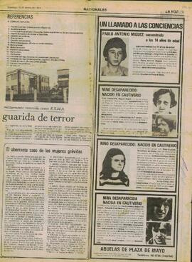 Artículo del Diario La Voz con solicitada de Abuelas de Plaza de Mayo sobre niños secuestrados de...