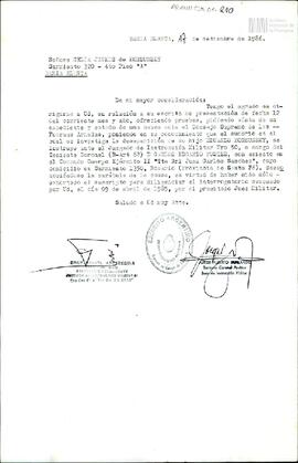 Carta del Comando de Cuerpo de Ejército V de Argentina para Celia Jinkis de Korsunsky