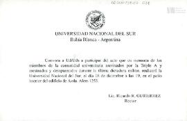 Invitación a acto de la Universidad Nacional del Sur