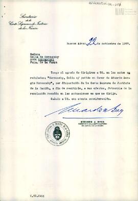 Notificación judicial a Celia Jinkis de Korsunsky