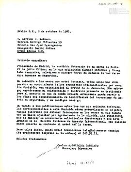 Carta de Carlos González Gartland para Alfredo R. Velasco