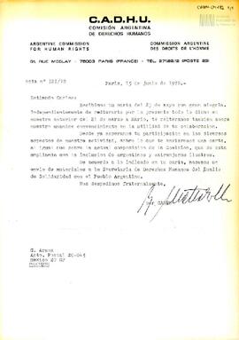 Carta de la Comisión Argentina de Derechos Humanos (CADHU) para Carlos González Gartland