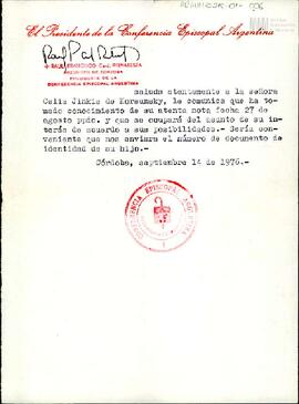 Carta del Presidente de la Conferencia Episcopal Argentina a Celia Jinkis de Korsunsky