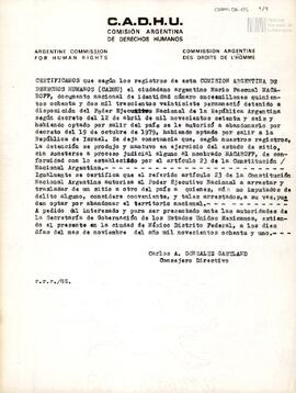 Certificado de la Comisión Argentina de Derechos Humanos sobre Mario Pascual Macaroff