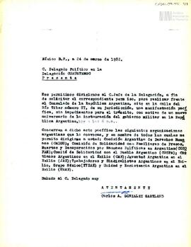 Carta de Carlos González Gartland para el Delegado Político en la Delegación Cuauhtemoc