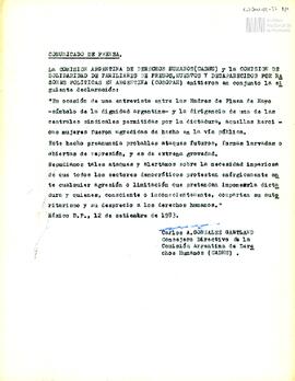 Comunicado de prensa de la Comisión Argentina de Derechos Humanos (CADHU)