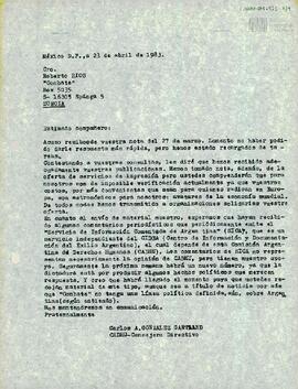 Carta de Carlos González Gartland para Roberto Ríos