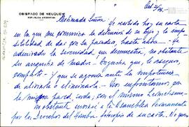 Carta del Obispado de Neuquén a Celia Jinkis de Korsunsky