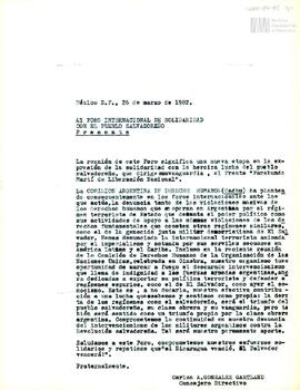 Carta de Carlos González Gartland para el Foro Internacional de Solidaridad con el Pueblo Salvado...